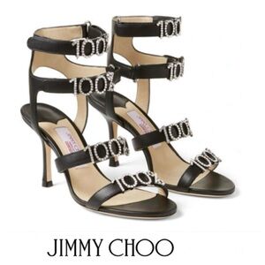 JIMMY CHOO x Ashley Williams Black Leather Crystal 100% Heel Sandals Sz 37.5